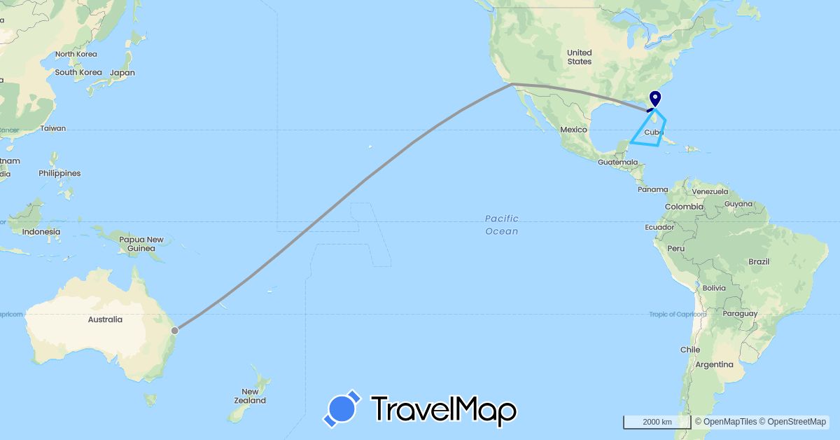 TravelMap itinerary: driving, plane, boat in Australia, Bahamas, Cayman Islands, Mexico, United States (North America, Oceania)